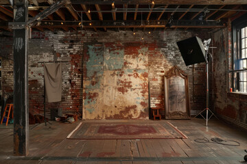 Artistic photography studio with creative backdrops and props against textured red brick walls.