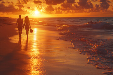 Fototapeta premium A romantic sunset beach walk, with a couple enjoying the peacefulness of the ocean and the golden hour light.