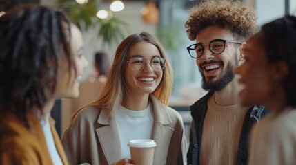 Diverse group of four cheerful colleagues in animated communication during coffee break in office