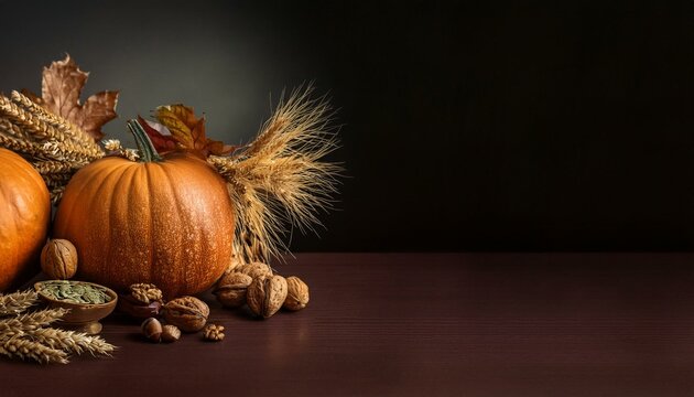 Autumn classic still life with a pumpkin, ripe wheat, nuts and leaves on a table on dark background