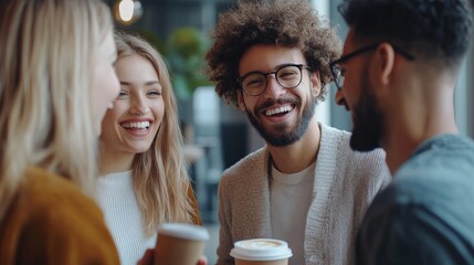 Diverse group of four cheerful colleagues in animated communication during coffee break in office