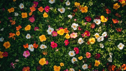 Close-up aerial view of colorful flowers scattered across a bed of green grass, with natural sunlight highlighting the scene.