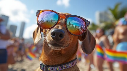 Funny dachsund dog wearing sunglasses on the beach at summer pride month parade