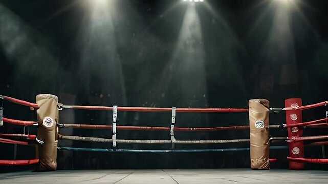 Empty Boxing Ring with Spotlights and Fog