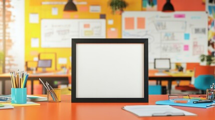 A frame mockup in a vibrant ad agency office