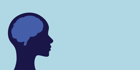 Human head whit brain silhouette flat illustration, thinking concept banner design