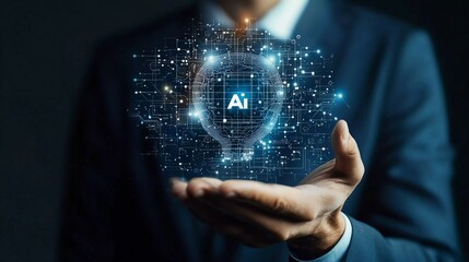 AI technology concept, Businessman holding a virtual screen of global AI technology for artificial intelligence solving problems and helping to process data or storage very beautiful