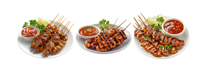 Barbecue skewers isolated on transparent background, grilled meat skewers set with dipping sauces