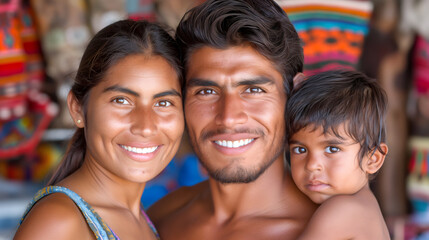 Fototapeta premium Portrait of a poor young Colombian couple from a village, smiling with their child in front of a textile shop displaying vibrant handwoven fabrics