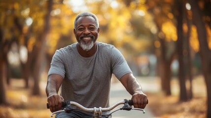 Happy mature african american man riding his bicycle through a park on a sunny day