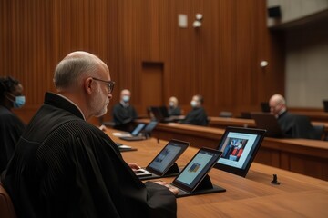 Digital courtroom with lawyers and judges using tablets and screens to present evidence