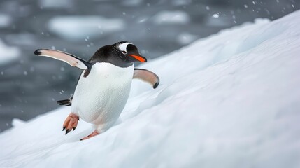 Fototapeta premium Gentoo penguin stands stretching neck in snow.jpeg