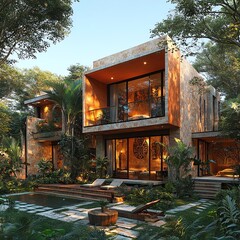 A contemporary 2story tropical villa, surrounded by vibrant greenery, elegantly designed with Maya cultural influences, including intricate Maya symbols and statues of Maya gods
