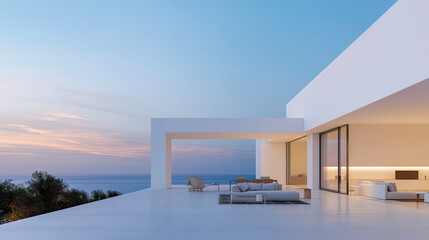 White luxury modern villa with beautiful sea view, minimalist geometric design, scene for car presentation