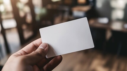 Close-up of a blank white business card mockup being handed over by a person with neatly manicured fingers, against a blurred office background