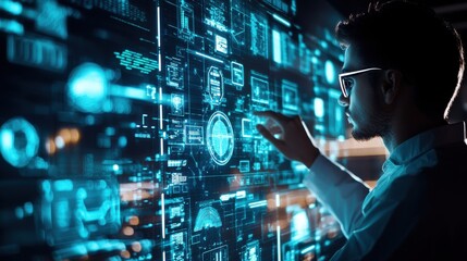 Fototapeta premium A hacker attempts to breach a secure system while AI-driven cybersecurity software activates, with dynamic data protection visualizations appearing in response.