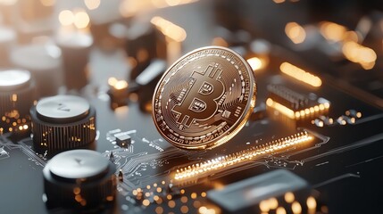 A close-up view of a Bitcoin token resting on a circuit board, showcasing digital currency and technology integration.