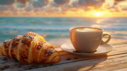 Good morning, cozy breakfast with coffee and croissant on the beach at sunrise