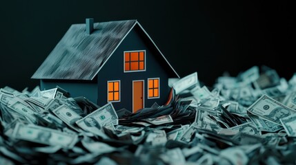 An abstract representation of a house sinking in a sea of bills, depicting financial struggles, household debt, economic difficulty