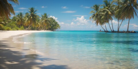 A tropical beach with crystal-clear blue water and palms lining the shore of a secluded island amidst the sea.