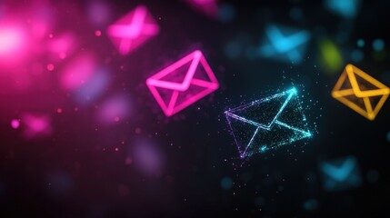 Fototapeta premium Digital illustration of glowing email icons on a dark background, representing communication, technology, and online interaction.