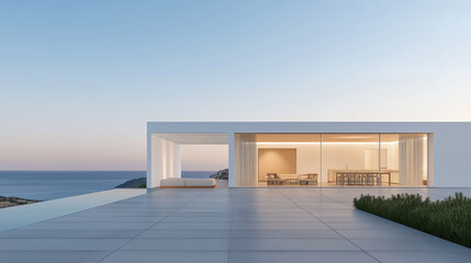 White luxury modern villa with beautiful sea view, minimalist geometric design, scene for car presentation