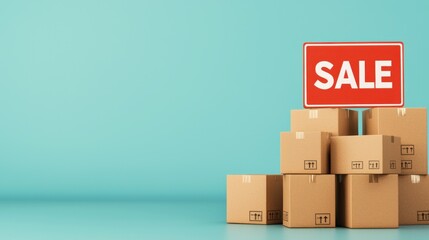 Fototapeta premium Stack of cardboard boxes featuring a bright sale sign, perfect for promotional materials and e-commerce visuals., Black Friday 3D illustration
