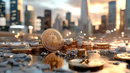 Close-up of shining Bitcoin coins on a reflective surface with a city skyline in the background at sunset.