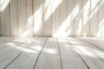 Naklejka premium Blank warm lighting background. White and wooden surface. Light and Shadow wallpaper. Space for text. Backdrop. Studio photography. Cozy and Comfortable. Decorative. Minimalist wallpaper. Empty, ai