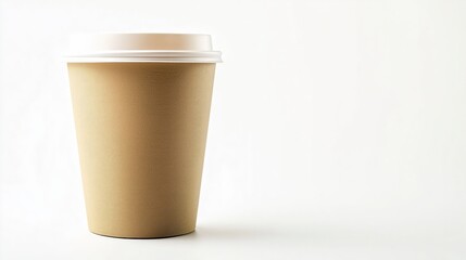A single, brown, disposable paper coffee cup with a white lid is isolated on a white background.