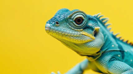 Fototapeta premium Close-up portrait of a blue lizard with a yellow background.