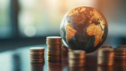 Globe and coins on table in library, closeup. Travel concept