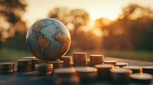 In a library, a globe and coins on a table, closeup. Travel concept - Powered by Adobe