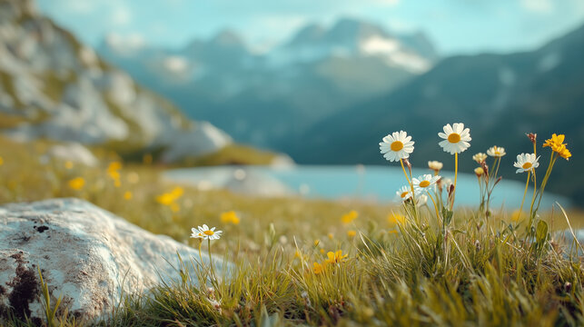 meadow with flowers and mountains
