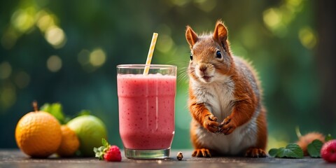 A squirrel holding a straw, with vibrant fruit smoothie, blending the idea of enjoying a fresh drink.