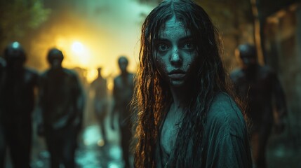 female zombie looking at camera, zombie apocalypse scene with hordes of undead roaming the background