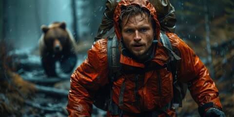 Man Running From A Bear In The Rain