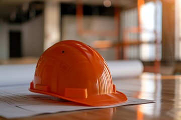 An orange hard hat sits on a blueprint, indicating a construction or engineering project.