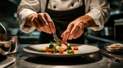 Chef Plating Gourmet Dish with Fresh Organic Ingredients in Professional Kitchen