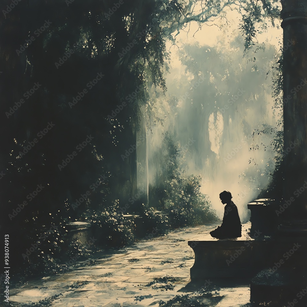 Poster Artistic scene of Where do you wait for me with serene and atmospheric elements, soft lighting, and a hint of mystery and anticipation