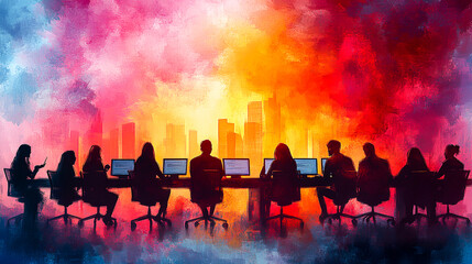 Fototapeta premium Modern Professionals in a Collaborative Webinar: Vibrant Watercolor Illustration