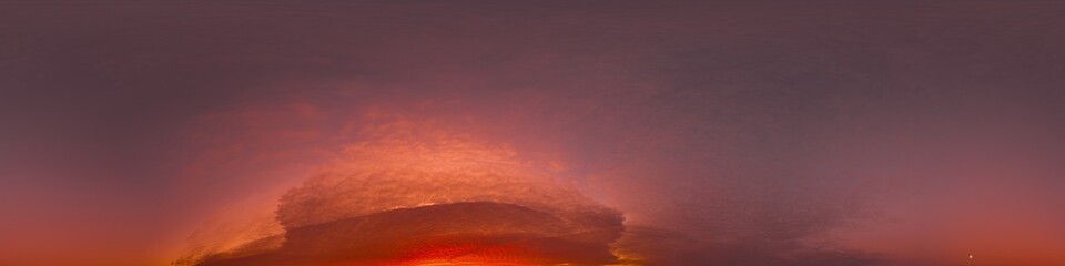 Red burning sunset sky panorama with Cumulus clouds. Seamless hdr 360 pano in spherical equirectangular format. Sky dome or zenith for 3D visualization, sky replacement for aerial drone panoramas