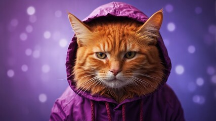 Red cat in a hood on a purple background.