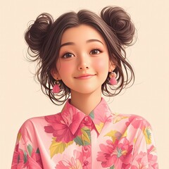 Fototapeta premium Portrait of a smiling woman with brown hair in two buns, wearing pink floral shirt and earrings.