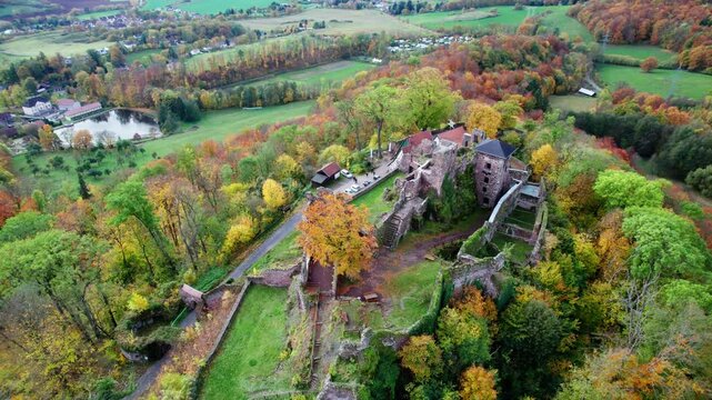 Aerial view ruins of old castle. Ruin of Hohnstein Castle, Harz mountains, Germany.