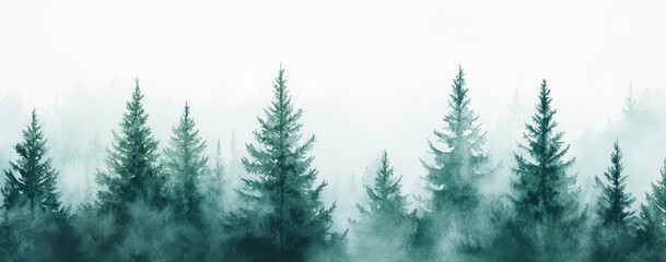 Obraz premium Watercolor Painting of Pine Trees in Foggy Forest