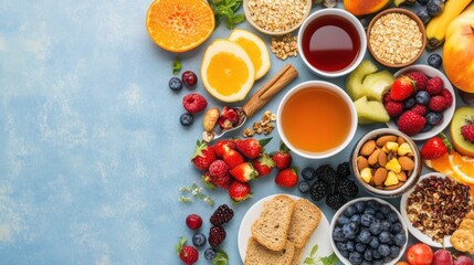 A vibrant breakfast spread with fresh fruits, whole grains, and herbal tea, perfect for a commercial emphasizing morning nutrition
