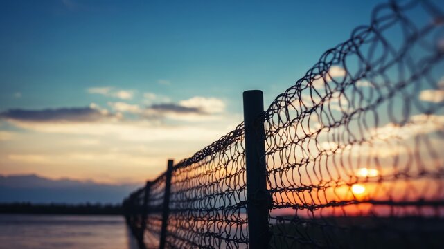 Silhouette Fancing Banrbed Wire Fence Under Cleanr Sky.