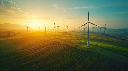 Wind turbines gracefully spinning on rolling hills at sunset, blending renewable energy with natural beauty