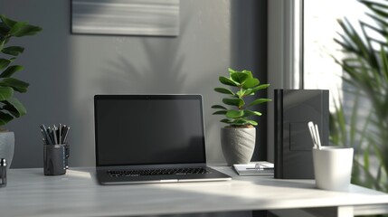 Modern Workspace with Laptop and Plants